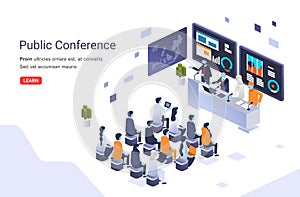 International public conference vector illustration with many participants sit in front of the interviewees