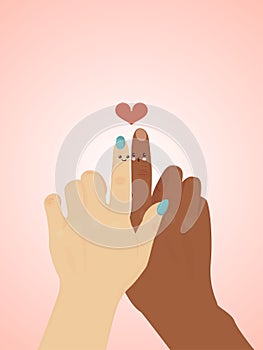 International race love, hand point finger heart sign flat vector illustration. Multinational infatuation couple lovely