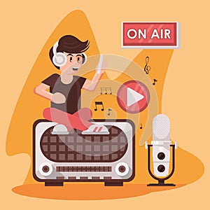 International radio day poster with announcer and retro aparatus
