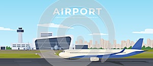 International and regional airport. Runway with an airplane and a control tower. Vector illustration