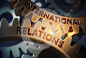 International Relations on Golden Gears. 3D Illustration.
