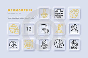 International relations line icon. Planet, box, reporter, briefcase, gps, timer, clock. Neomorphism steyle. Vector line icon for