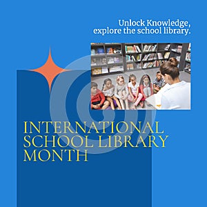 International school library month text and diverse teacher reading book for children in library