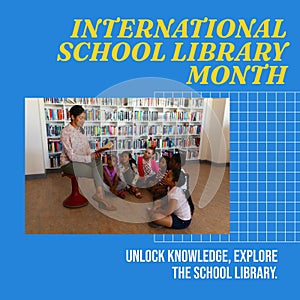 International school library month text and diverse teacher reading book for children in library