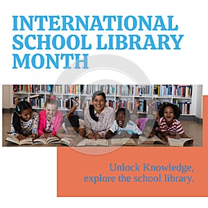 International school library month text and happy diverse teacher with children reading books