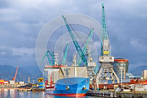 International sea transportation and logistics. Seaport in Batumi - cargo transportation vessels and assembly.