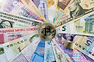 International security currency bitcoin Conceptual image of bitcoin internationalism and safety.