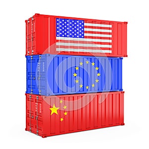 International Shipping Concept. Cargo Shipping Containers with USA, Euro and China Flag. 3d Rendering