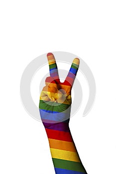 International sign for peace and love gesturing on white background gay pride rainbow flag