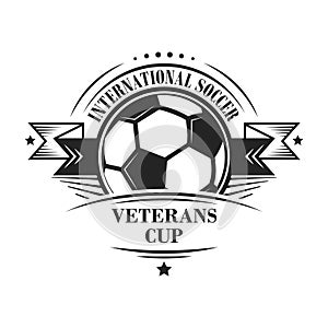 International soccer veterans cup logotype or emblem in retro style with stars and ribbon. Vector design.