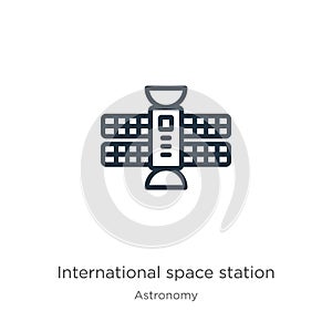 International space station icon. Thin linear international space station outline icon isolated on white background from astronomy