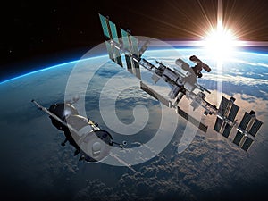 International Space Station ISS Orbiting over Earth. 3D Illustration.