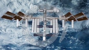 International Space Station ISS revolving over earths atmosphere. Elements of this image furnished by NASA.