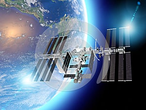 The International Space Station ISS is a space station, or a habitable artificial satellite, in low Earth orbit. Satellite view photo