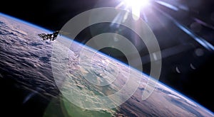 International space station on orbit of Earth planet. ISS. Dark background. Elements of this image furnished by NASA. 3d