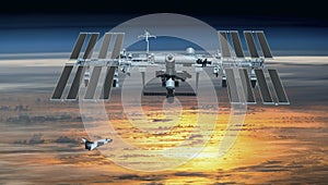 International Space Station over the planet Earth. Elements of this image furnished by NASA. 3d rendering.