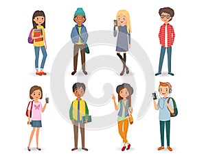 International students with books, phones and backpacks