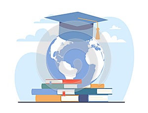 International study, student cap on globe. Study abroad and global education, foreign school, university and college