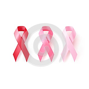 The international symbol of the fight against breast cancer, pink and red silk ribbon on white background, icon