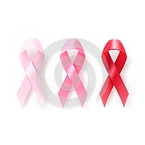 The international symbol of the fight against breast cancer, pink and red silk ribbon on white background, icon