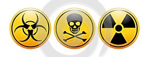 International symbols for biohazard, toxicity. radioactivity icon