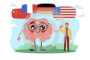 International teaching, language learning. Huge human brain and countries flags, education for adults, English German