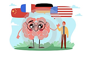 International teaching, language learning. Huge human brain and countries flags, education for adults, English German and Chinese