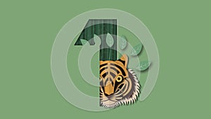 International tiger day with face and number. Vector illustration in paper cut and craft style