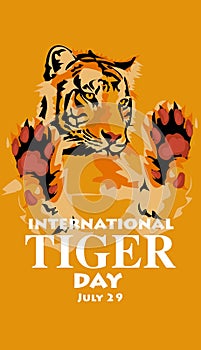 International Tiger Day on July 29. Cute tiger with a big head and paws is standing. Portrait of a tiger. Suitable for