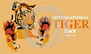 International Tiger Day on July 29. Cute tiger with a big head and paws is standing. Portrait of a tiger. Suitable for