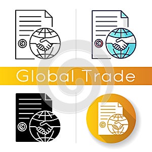 International trade agreement icon. Partnership, teamwork, cooperation. Business, commerce, contract signing, making
