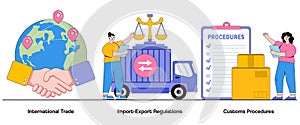 International Trade, Import-Export Regulations, and Customs Procedures Concept with Character. Global Commerce Abstract Vector