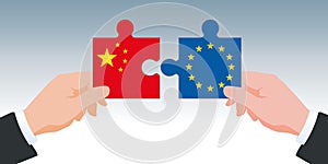 International trade symbol with exchanges between China and Europe showing two hands holding puzzle pieces in the colors of their