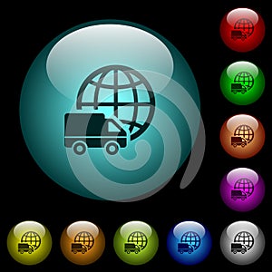 International transport icons in color illuminated glass buttons