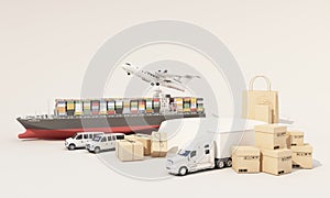 international transport shipping concept podium product stand surrounded by cardboard boxes