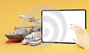 International transport shipping concept with tablet screen VR surrounded by cardboard boxes
