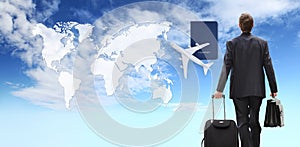 International travel business man concept walking with trolley and briefcase, airplane,and passport in blu sky with map background