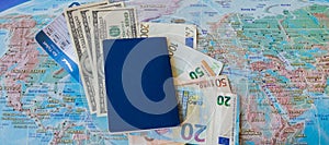 International travel concep: Passport, tickets, money on the map