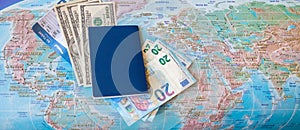 International travel concep: Passport, tickets, money on the map