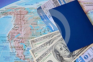 International travel concept: Passport, tickets, money on the map
