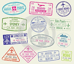 International travel visa passport stamps vector set