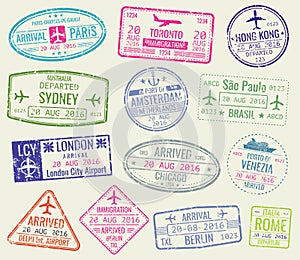 International travel visa passport stamps vector set photo