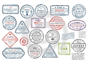 International travel visa stamps set, arrival and departure passport frayed rubber stamp