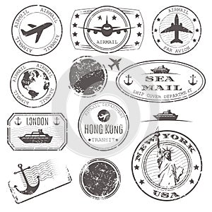 International travelpost delivery departure stamps vector set. New York, hong kong and port, airplane, sea ship cpver
