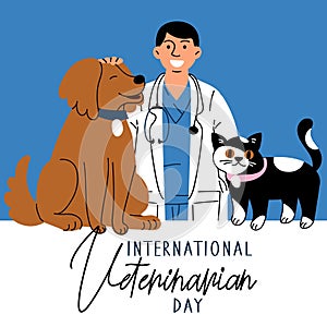 International Veterinarian's Day, vector art illustration. A male doctor in a medical gown is stroking a dog, a cat