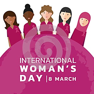 International Woman day with womans group Wear pink shirt and ribbon and pink earth world banner vector design