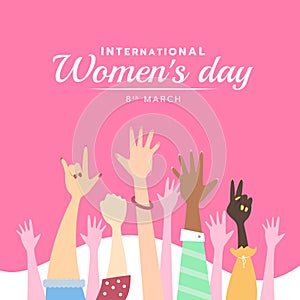 International women day banner with cute Hands up woman on pink background vector design photo