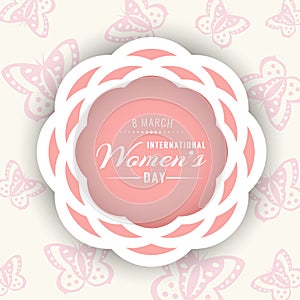 International women day banner with white pink flower circle frame on butterfly background vector design