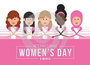 International Women day banner with Women cute charactor of various ethnic groups in the world join hands vector design