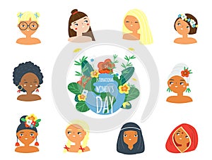 International women day card with females of different nationalities, ethnicity. Global Girls faces avatars for 8 march